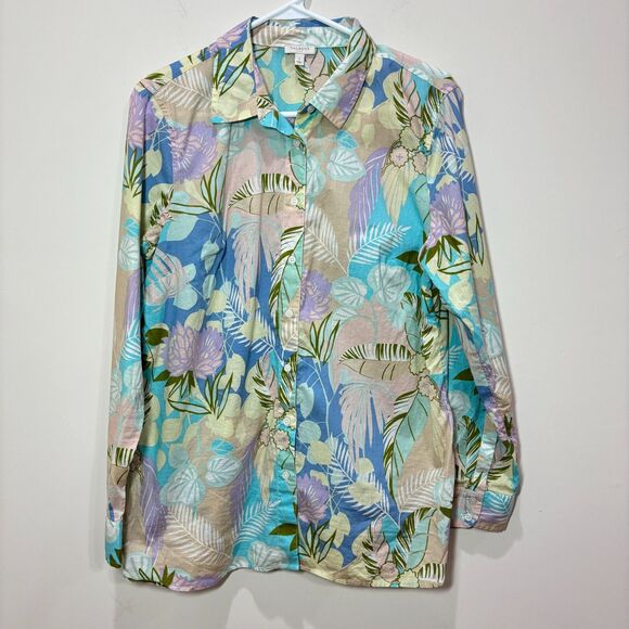 Talbots Tops - Talbots Green Blue Floral Button Up Top Women L Cotton Lightweight Tropical